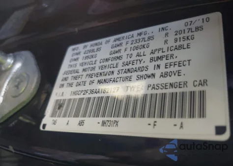 2010 Honda Accord 2.4 Lx из США, поврежденный, VIN 1HGCP2F36AA182127